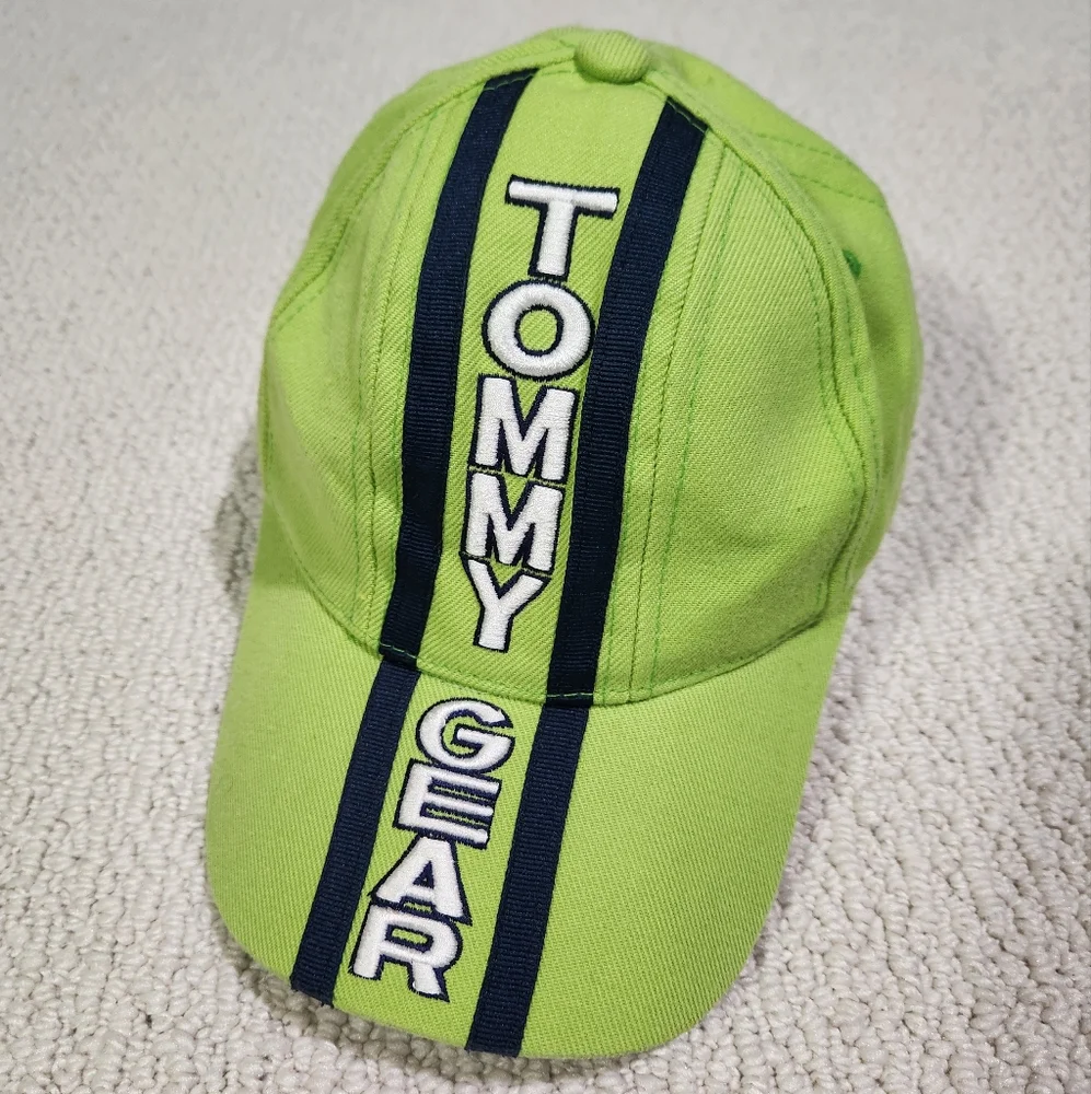VTG TOMMY GEAR Green Navy Blue w White Letters Adjustable Hat Hilfiger Rare